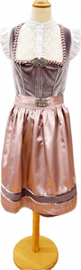 graues Samt-Midi-Dirndl mit goldener Schuerze weisse Bluse
